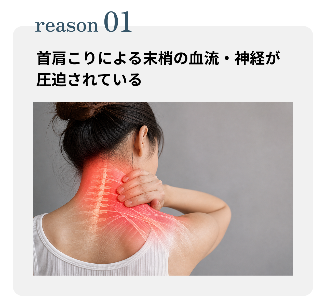 首肩こりによる末梢の血流・神経が圧迫されている