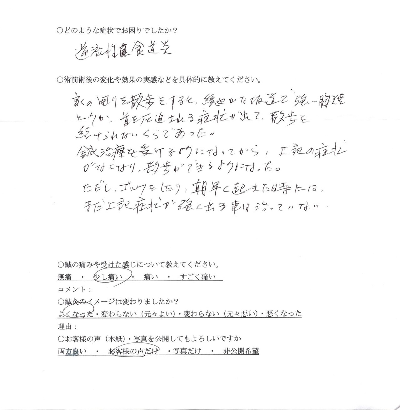 強い胸やけや首の圧迫感がなくなり、散歩ができようになった。