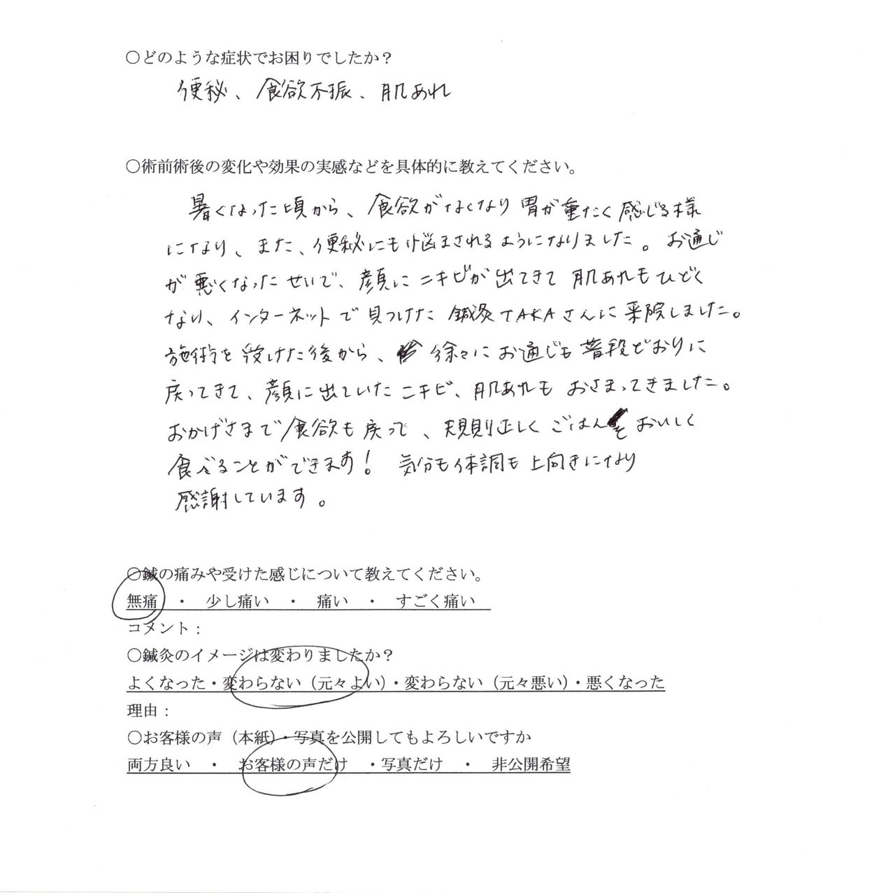 便秘、食欲不振、肌荒れが改善しました